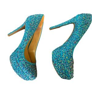 Gianni Bini Rhinestone Teal Blue 5" Platform Heels Women's Size 9.5